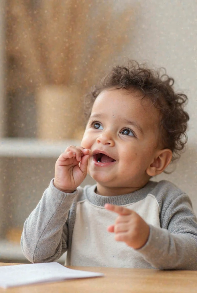 Photo of a 1-year-old black baby with curly hair holding a toy --auto