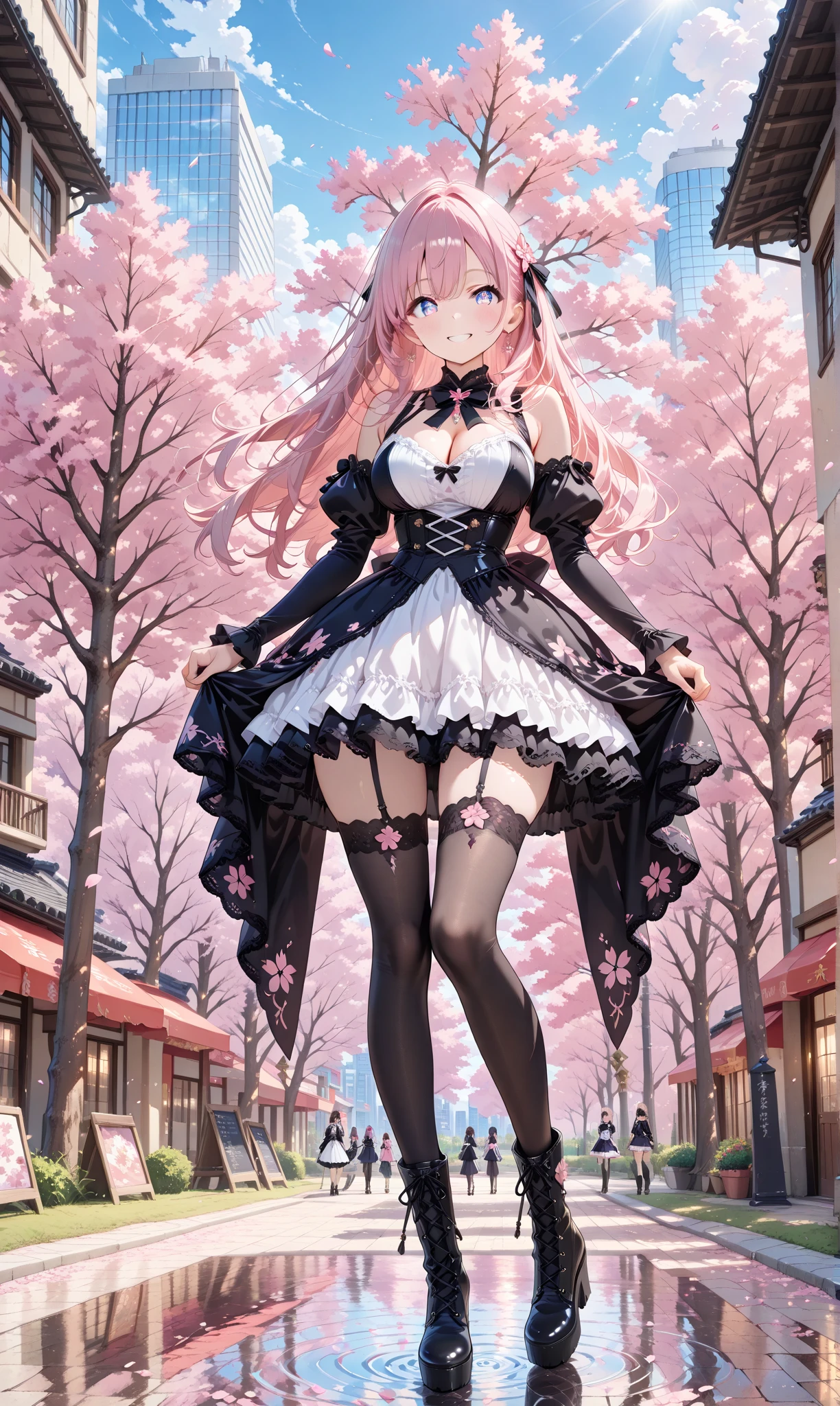 (Patchouli toho character), (standing at lakeside forest), outside, (standing with open legs wide:1.6), (arms behind back), (bending back), tiptoe, pigeon toed, BREAK, (disproportionately gigantic huge breasts:1.2), cleavage, inconceivably thin waist, very short torso, (thin long legs apart:1.23, BREAK, very short miniskirt, thigh gap, (black thighhighs:1.2), highheels, BREAK, smile for viewer, open mouth, nose blush, full body, (pussy juice)