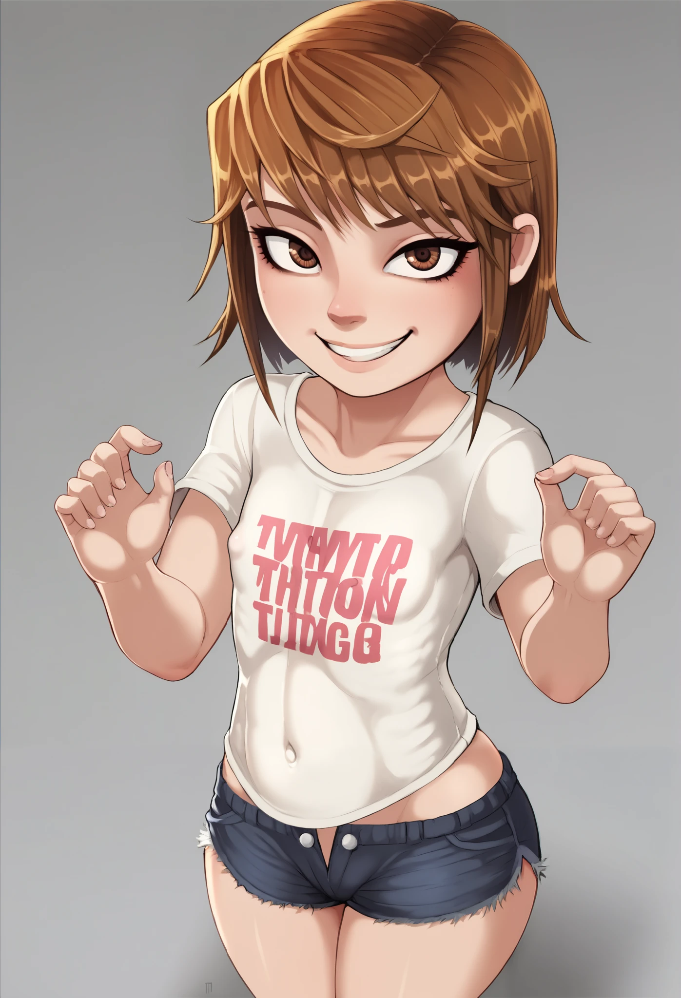 shadcom, shadman, score_9, score_7_up, 1girl, solo, 1girl, wearing T-shirt, and some shorts, presenting, curvy, litte girl, very short girl, d, solo, medium brown hair, brown eyes, middle school student, age difference, innocent, ish, bratty, cute, immature, juvenile, younger girl, 120 cm tall, from above, ish face, shortstack, tight body, smile, presenting, simple background, tiny breasts, tiny nipples, flat chest, breasts are covered underneath clothing