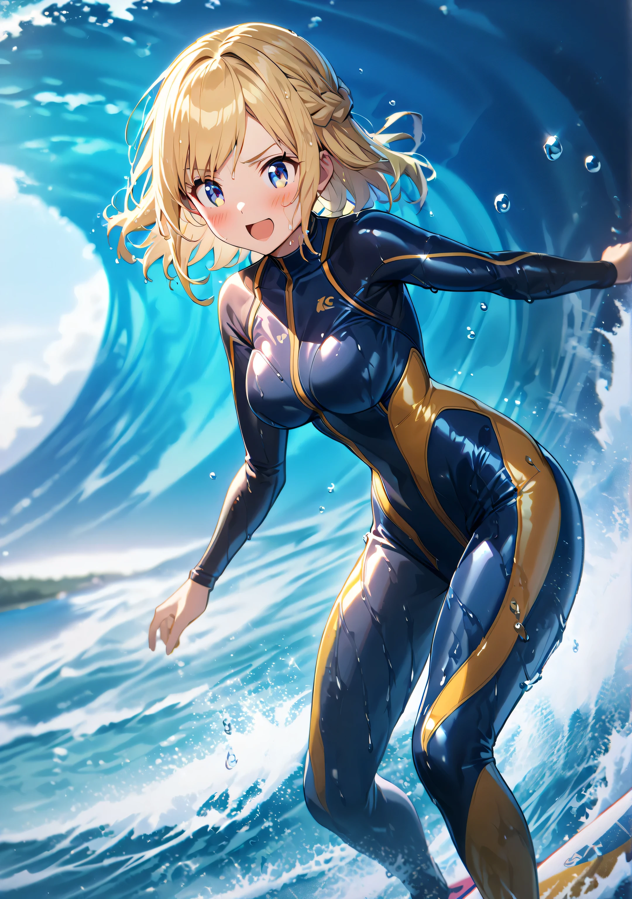 1 girl, Game CG,
shallow depth of field, a portrait with a soft Gaussian blurred background, creating a dreamy atmosphere,
standing, looking viewer, beaming face, open mouth, blush, incrssurfing, surfing,
surfboard,
(blond Hair, french braid, Right-side parting bangs, blue eyes, Light eyes , Clear and Expressive eyes,)
ecstatic expression,
(blue and gold wet suit, skintight, glossy rubbery wetsuit:1.6),
Her wet hair is dripping slowly, with drops of water falling from the strands, highlighting the glossy texture of her hair and the transparency of the droplets.
Blight:1.4, summer sea,.
Firm breasts, High chest, erection of nipples:1.3, camel toe:1.3, The silhouette of the protruding collarbone,
Intricate details, Perfect Contour, perfect anatomy, Lens Flare, Cinematic Light Effects,
