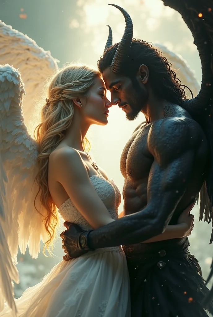 young angel, with blonde hair, blue-eyed, and young black man with horns and muscular with a large volume in the genital region.