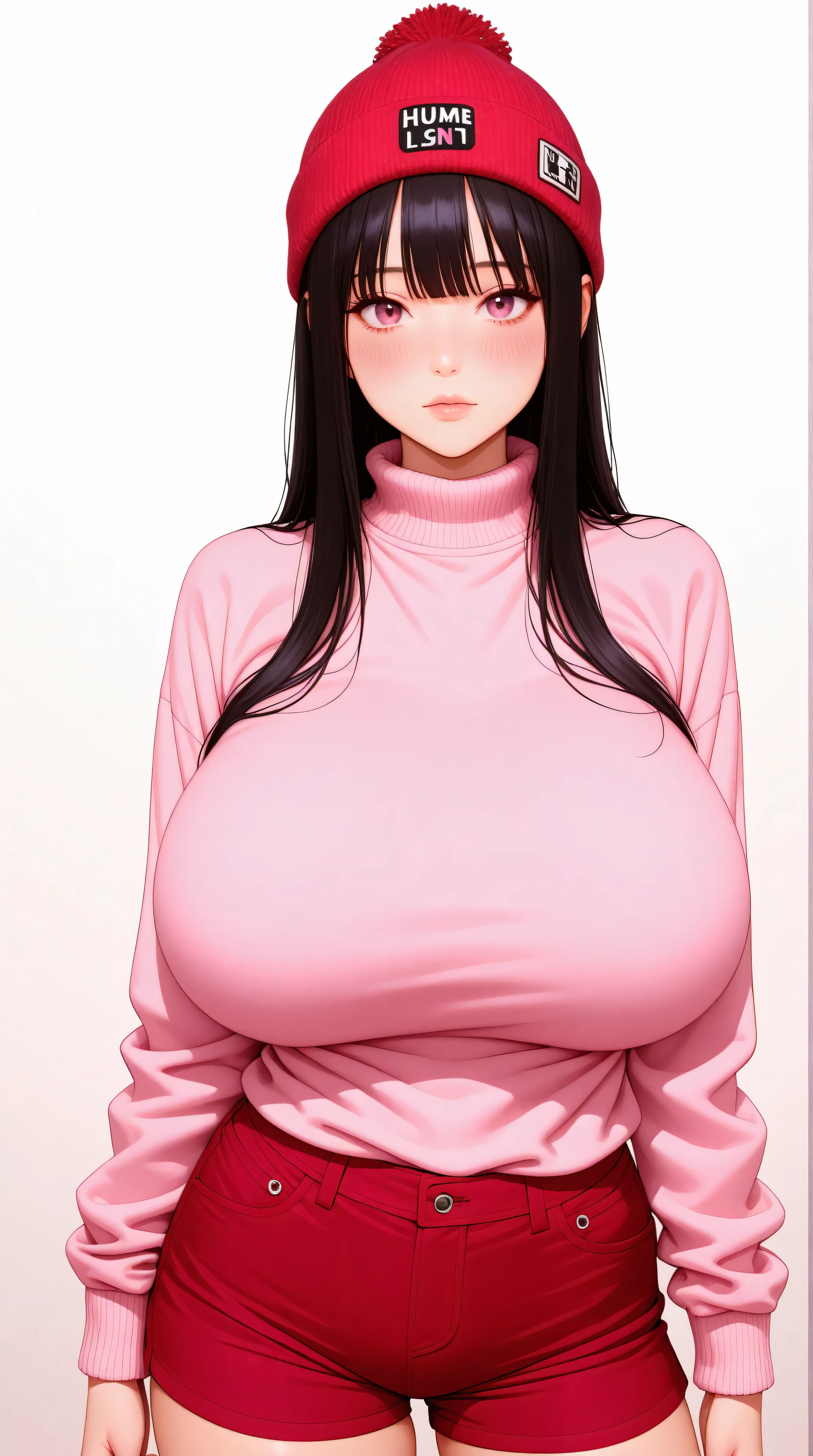 best quality, finely detailed eyes and detailed face), black_straight_hair, bangs, pink_eyes, pink_sweater, red_beanie, red_shorts, front_view, korean, standing, alone, (((((huge_breasts, humongous_breasts))))), pretty, beautiful, cowboy_shot, looking at viewer, blush, simple_background, white_background 
