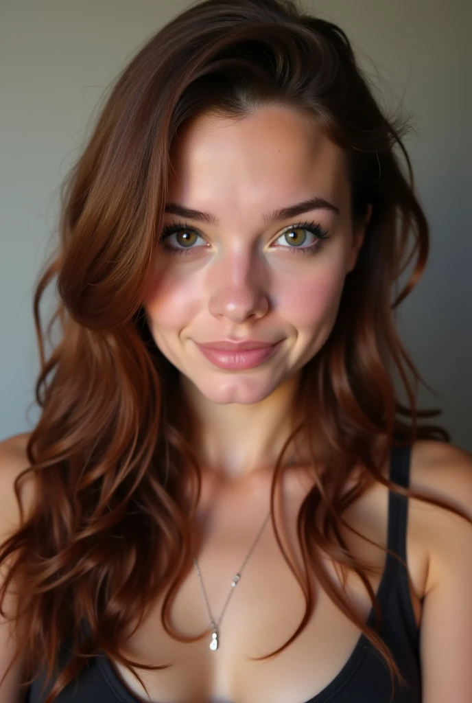 Woman, American, 25 years old, fair skin with freckles, green-gray eyes, delicate nose, soft and delicate lips, long wavy ginger-hair, sweet smile, full body portrait playing xbox