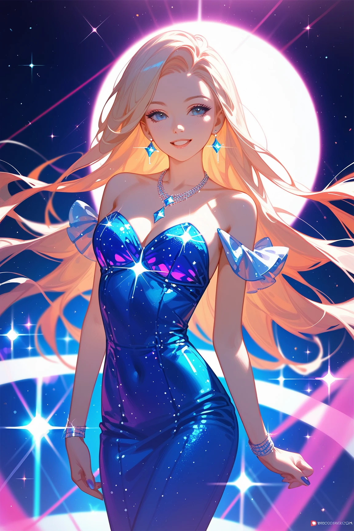 Mysterious moon goddess, sparkling blue eyes, deep blonde hair, smiling in love, wearing a translucent dress made of sparkling light and light particles, a large full moon emitting mysterious rays and soft light particles, her costume softly glowing in the moonlight, highlighting the lines of her body,