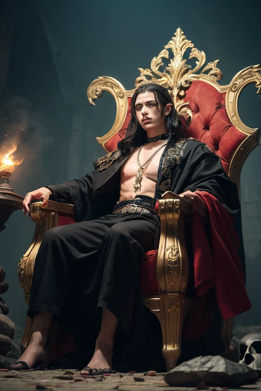 the vampire emperor sitting on the throne shirtless 