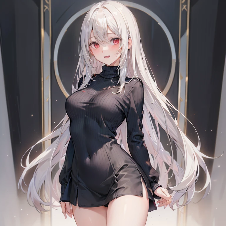 Hot woman, white hair, orange eyes, black school clothes, mini skirt, big tits