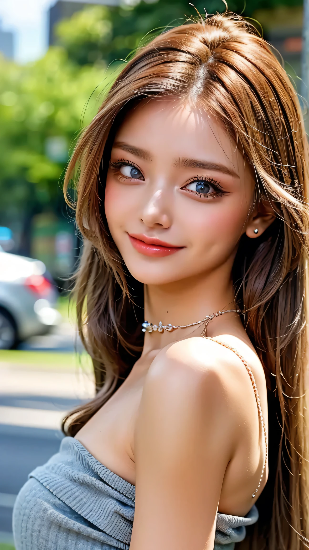 delicate, masseter area, beautifully detailed , colorful, Exquisite Description,detailed lips, complicated details, (Female 1:1.1), pretty face、detailed face、(Gorgeous in her 30s), (tied hair:1.1), (50mm Sigma f /1.4 ZEISS lenses, 1 1 1.4, 1/800s, ISO100, pictures:1.1), watch viewers with big breasts ,(photorealistic:1.1), alone, looks up_in_viewer, tall woman, ,happy smile, from_Front , , slim_foot, Thighs are raw_gap in vie, model, lens flare, choker