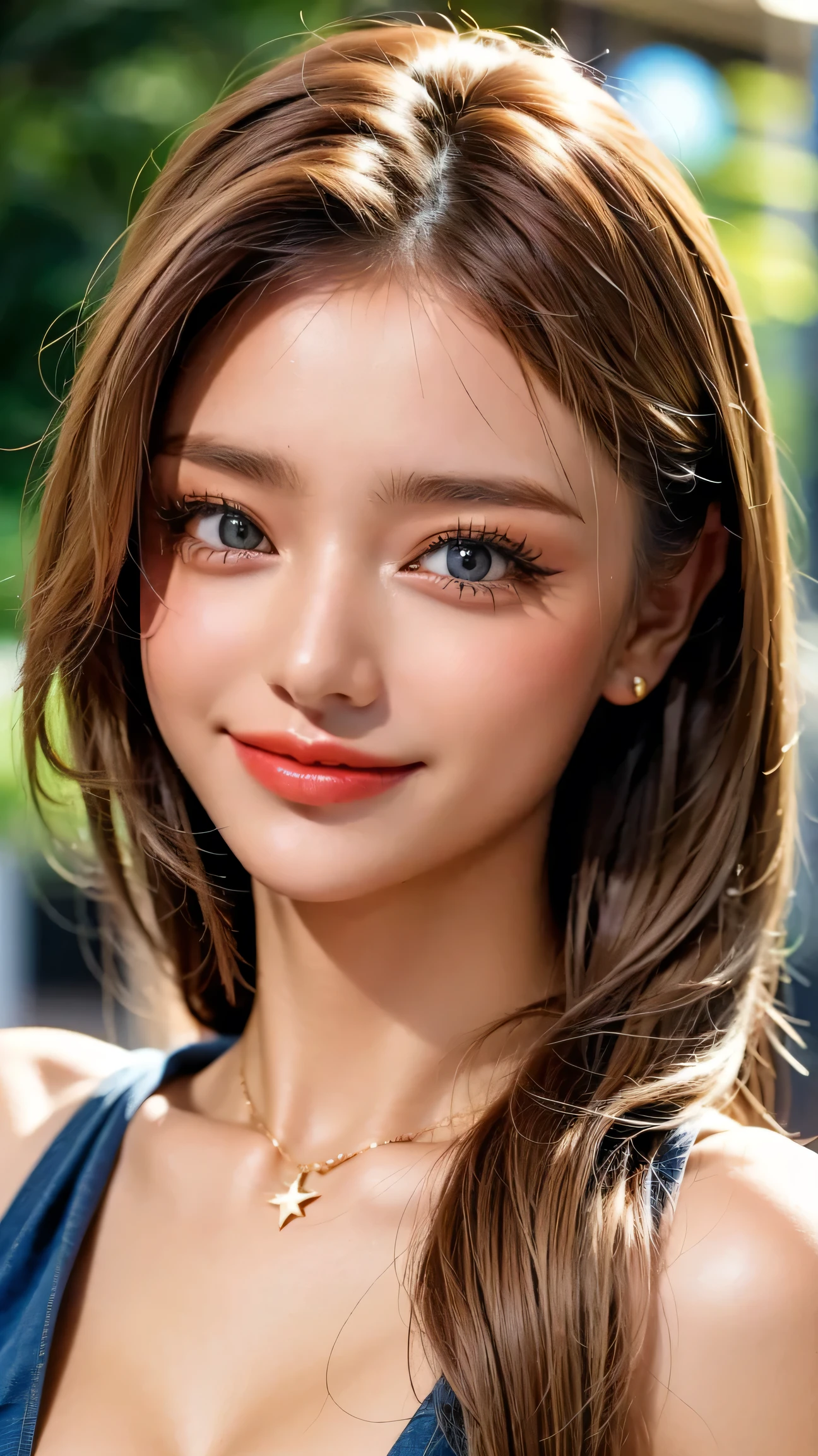  delicate, masseter area,  beautifully detailed , colorful, Exquisite Description,detailed lips, complicated details, (Female 1:1.1), pretty face、detailed face、(Gorgeous in her 30s), (tied hair:1.1), (50mm Sigma f /1.4 ZEISS lenses, 1 1 1.4, 1/800s, ISO100, pictures:1.1), watch viewers with big breasts ,(photorealistic:1.1), alone,  looks up_in_viewer,  tall woman, ,happy smile, from_Front  , ,  slim_foot, Thighs are raw_gap in vie, model, lens flare, choker