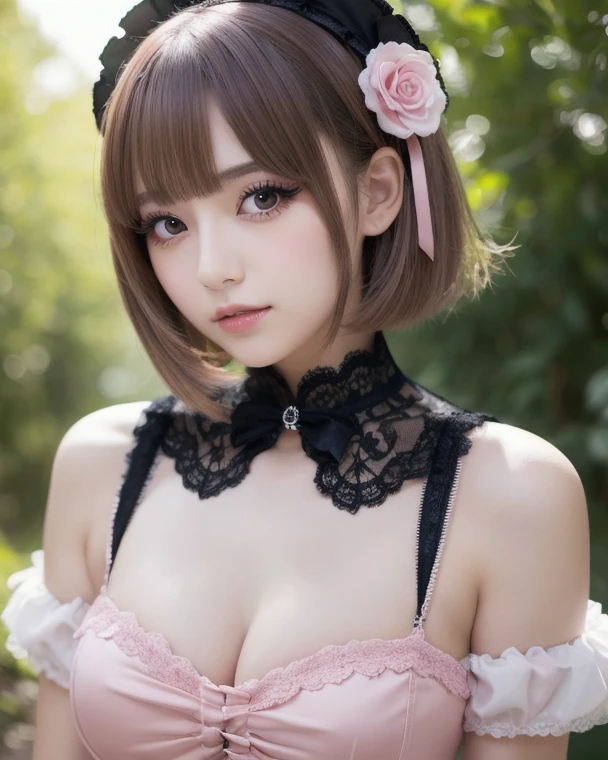 girl, White skin, ((Dark brown short tiered hair)), V cut with layers and bangs, Brown eyes, Soft atmosphere characteristics (Highest quality, Ultra-high resolution, 8K, RAW Photos, Ultra-high resolution: 1.2, masterpiece: 1.3), (Realistic, Realistic: 1.37), Very detailed, Professional Lighting, Photon Mapping, Radio City, 物理ベースレンダring, One Girl, (high school girl), Sharp focus:1.2、Beautiful woman:1.4,cute, Nice, Adorable smile, Normal chest, Cross Necklace、Earrings、ring,(Cleavage)、((Dark brown short hair),Gothic Lolita Fashion, (((Gothic Lolita Fashion、Pink, black and white gothic lolita outfit:1.2,pink lace bra))),(A cute toothy smile),(waterfall、garden,),Selfie,Portraiture
