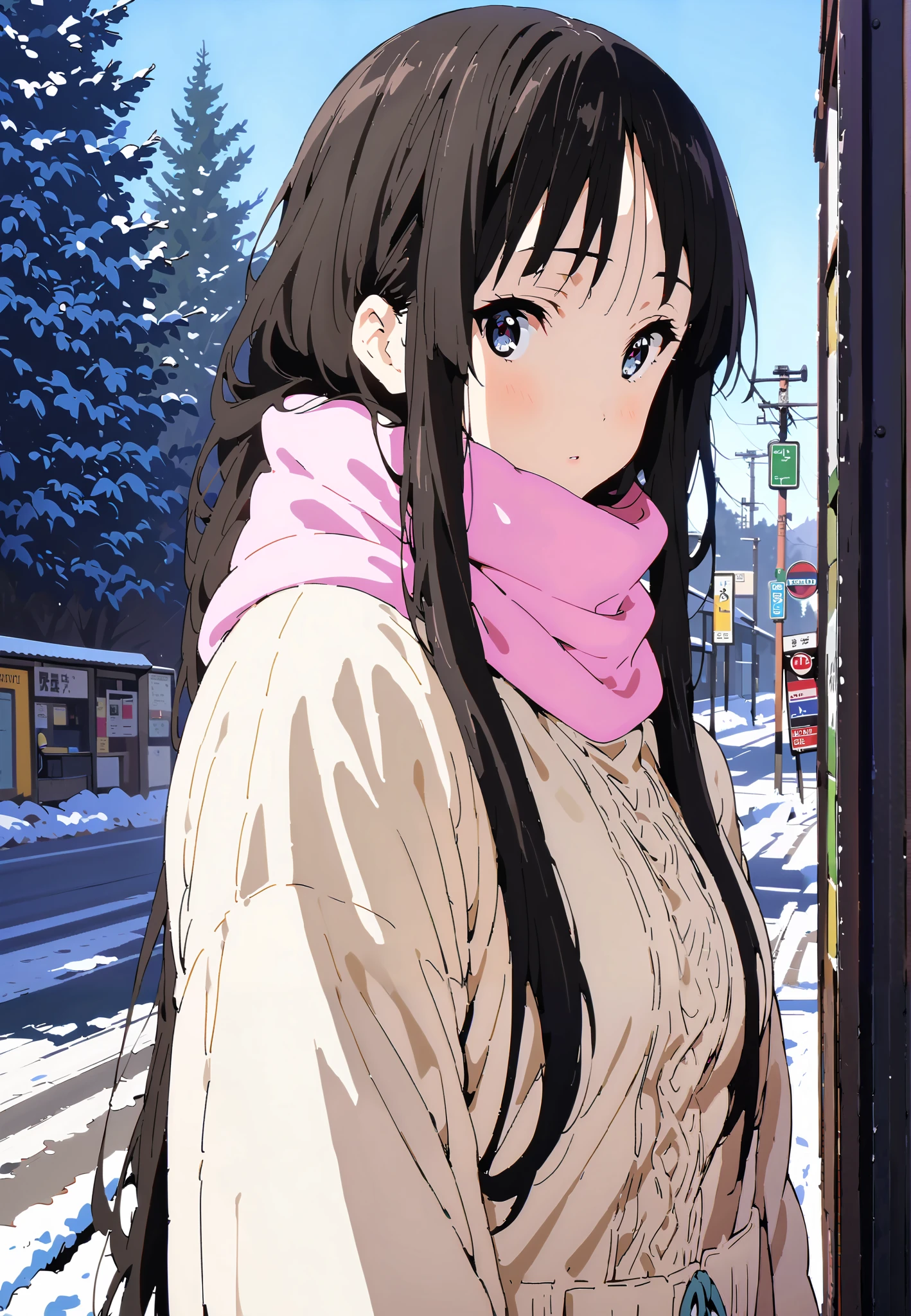 mioakiyama, Mio Akiyama, long hair, bungs, black hair, dark eyes, Princess Cut,long skirt hair
blushing,white breath,duffle coat,(sweater  :1.2),( turtleneck:1.2),Pink scarf, white long skirt,boots,clothed,winter,snow,Beautiful Scenery,full bodyがイラストに入るように,break outdoors,bus stop,
break looking at viewer,full body,
break (masterpiece:1.2),top quality , kampala,Unity 8k Wallpaper,(shape:0.8),(  fine, beautiful eyes  :1.6),It's a person ,full body写真,CG Details , (perfect hands,complete anatomy),