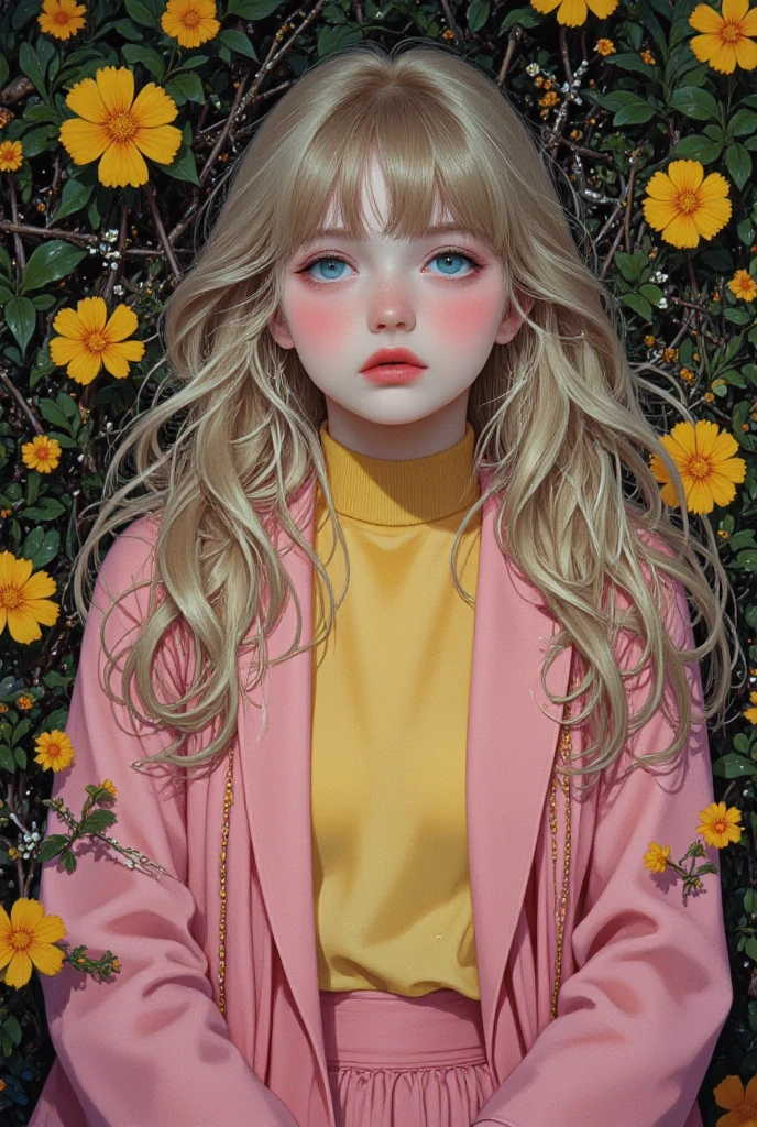 polite girl lying in the bushes and thorns and beautiful cream yellow flowers, top view camera. wearing rich pinks wizards robe and cream yellow turttle neck shirt inside. oil painting, masterpiece, shadows, expert, insanely detailed, 4k resolution, long waves milk tea blonde hair