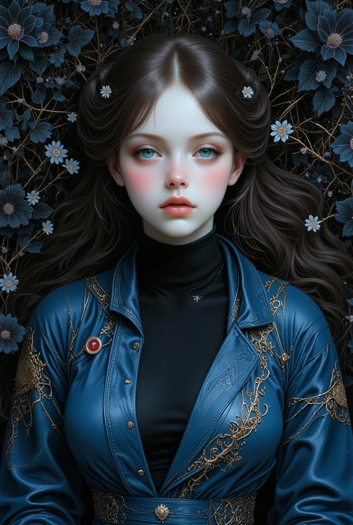 elegent girl lying in the bushes and thorns and beautiful black flowers, top view camera. wearing deep azure blue wizards robe and black turttle neck shirt inside. oil painting, masterpiece, shadows, expert, insanely detailed, 4k resolution, long ash brown hair