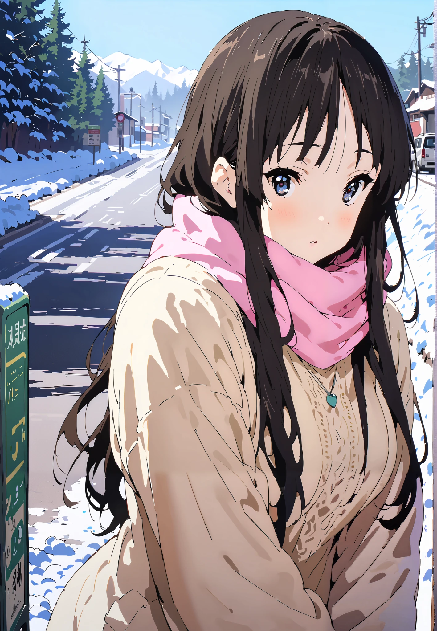 mioakiyama, Mio Akiyama, long hair, bungs, black hair, dark eyes, Princess Cut,long skirt hair
blushing,white breath,duffle coat,(sweater :1.2),( turtleneck:1.2),Pink scarf, white long skirt,boots,clothed,winter,snow,Beautiful Scenery,full bodyがイラストに入るように,break outdoors,bus stop,
break looking at viewer,full body,
break (masterpiece:1.2),top quality , kampala,Unity 8k Wallpaper,(shape:0.8),( fine, beautiful eyes :1.6),It's a person ,full body写真,CG Details , (perfect hands,complete anatomy),