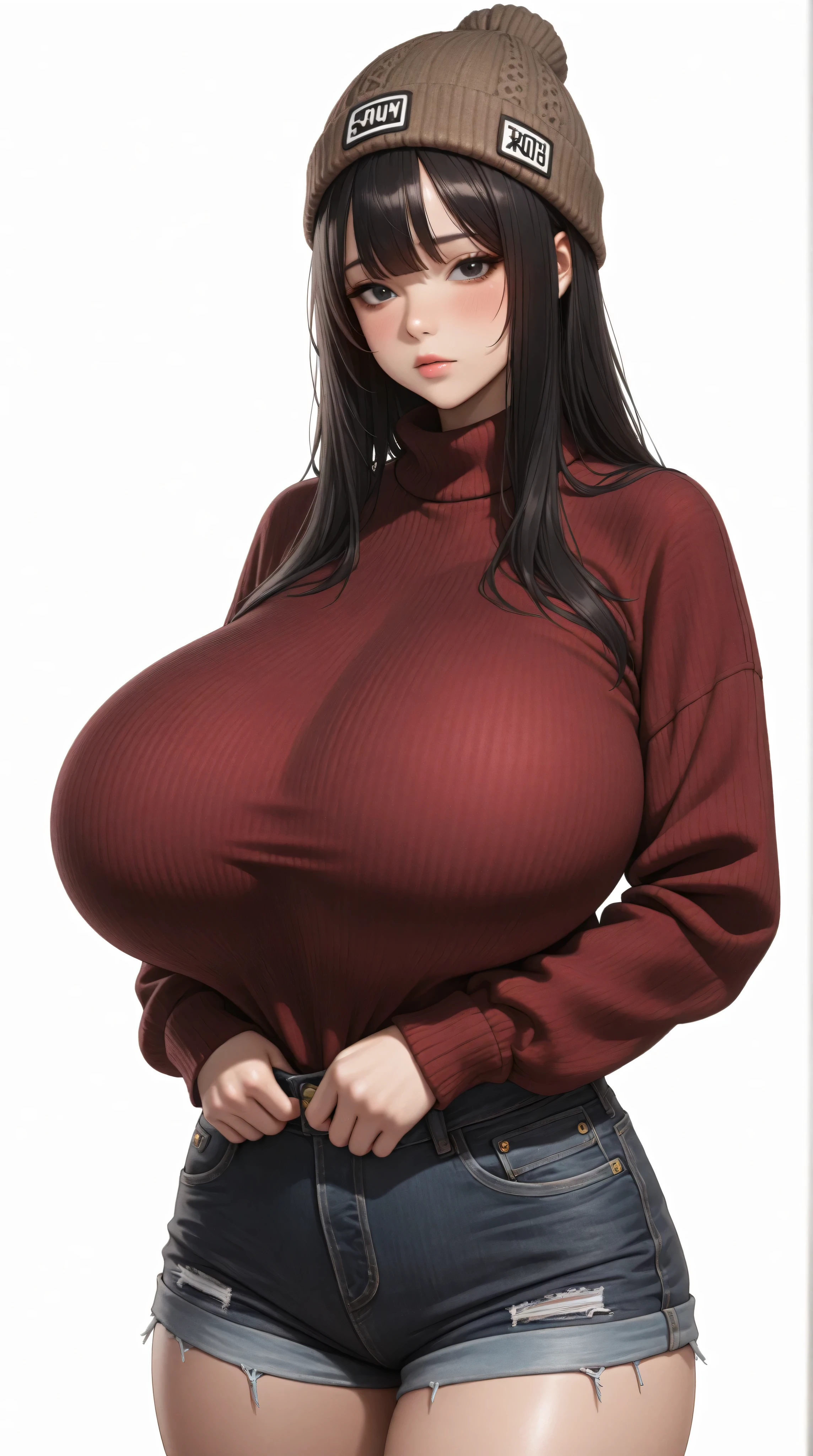 best quality, finely detailed eyes and detailed face), 정면, (1여자, 완벽한 얼굴), black_straight_hair, bangs, black_eyes, burgundy_sweater, brown_beanie, denim_shorts, front_view, korean, standing, alone, (((((huge_breasts, humongous_breasts))))), pretty, beautiful, cowboy_shot, looking at viewer, blush, simple_background, white_background 