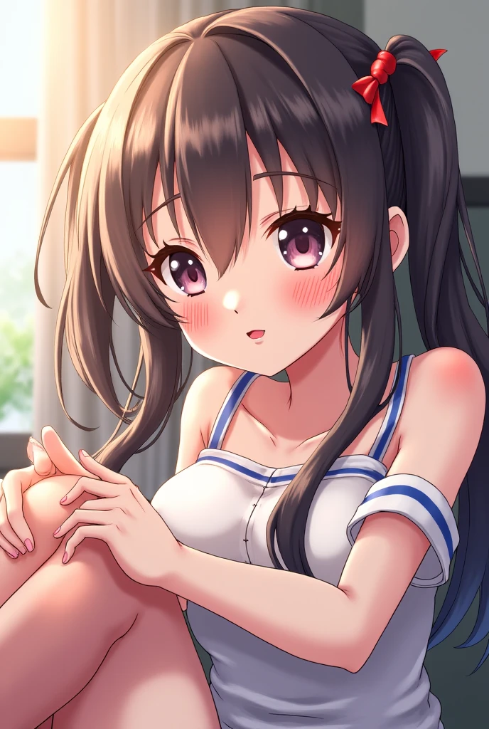 realistically, brown eyes, ponytail, glowing eyes, white short skirt, extra short skirt, Blush, daytime, Wet from the rain, see through, sleeveless shirt, nipples, pussy, crotch, embarrass, Sit with your knees raised, windy, yuki mikan, the skirt is turned up, highest quality, High resolution, highly detailed face, perfect lighting, Very detailed CG, perfect hands, perfect ???????, hand pulled skirt up,