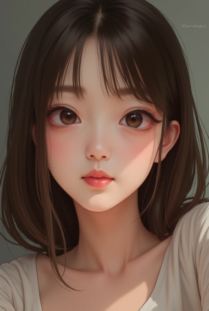 Create a selfie of a girl with straight brown hair slinking slightly ...