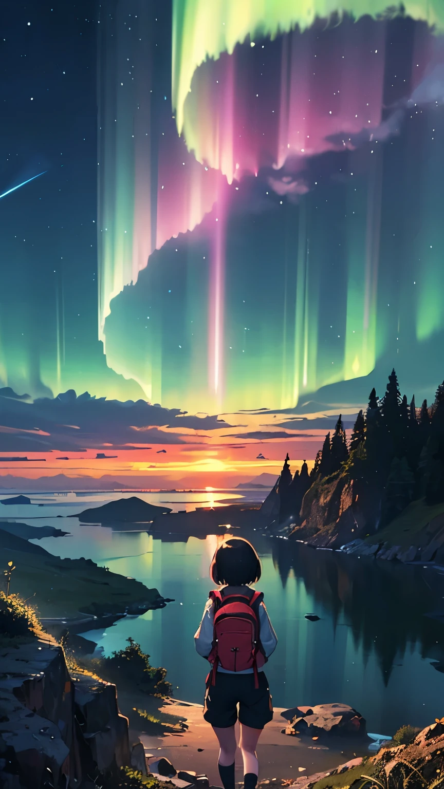 ((1 beautiful girl:1.9)), (close-up girl)，(carrying a backpack:1.5)，A hiker woman wearing a outdoor long-sleeved mid-weight base layer, sleeveless summer jacket, outer shorts over base-layer long pants with a backpack takes a break with smile on the trail in the mountains
break、((Alone:1.3)),(short hair:1.5),((black hair)),((from behind:1.5)),《background》“An ethereal floating island in the sky, surrounded by swirling clouds and vibrant thunderstorms. The island is rich with lush greenery, Ancient temples, and crystal-clear waterfalls that cascade into the clouds below. The atmosphere is dynamic, with lightning bolts striking from the clouds, while the island’s inhabitants can be seen controlling the weather with their powers. The sky is filled with dramatic sunsets and glowing auroras, giving a mystical and otherworldly feel to the scene.”