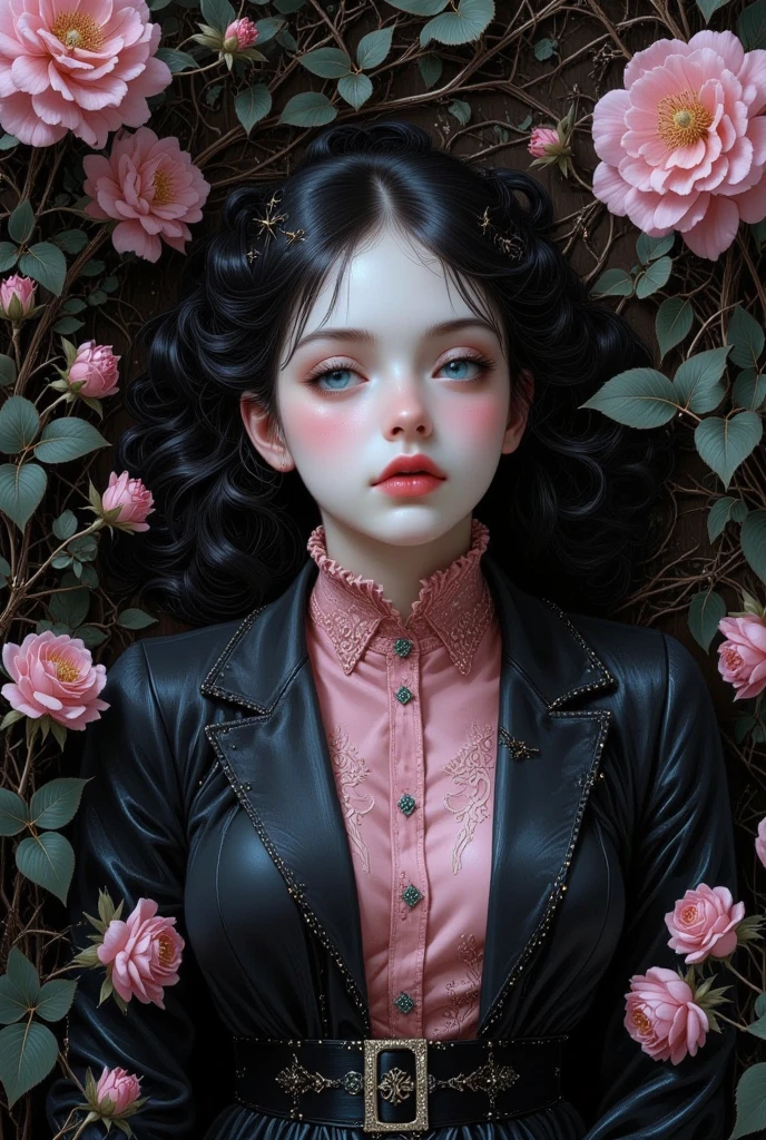 cute girls lying in the bushes and thorns and beautiful old rose pinks flowers, top view camera. wearing jet black wizards robe and old rose pinks turttle neck shirt inside. oil painting, masterpiece, shadows, expert, insanely detailed, 4k resolution,