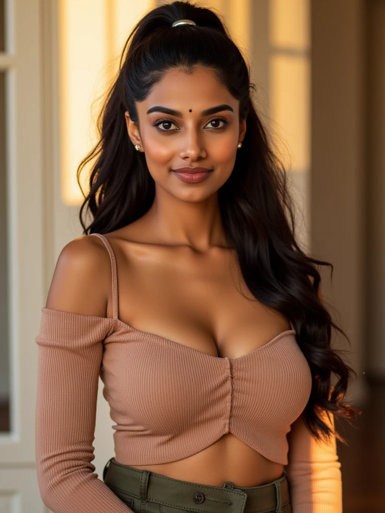 Young Indian woman, red top , garden, night, detailed body, detailed face, ultra realistic, charming, cute, big hazel eyes with long curly hair, perfect fingers, ambient lighting, winter, detailed background, 8k, face shot