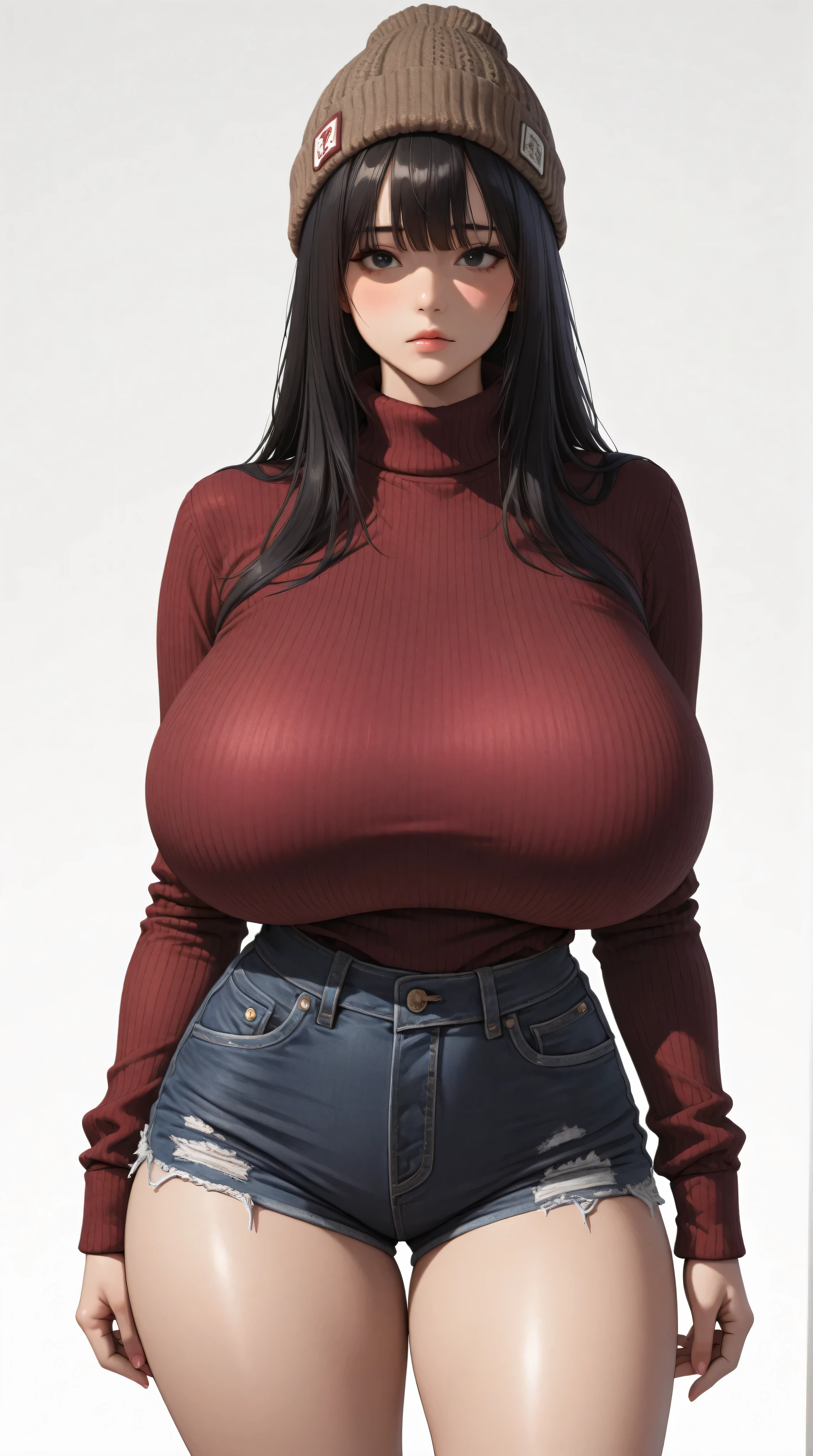 best quality, finely detailed eyes and detailed face), 정면, (1여자, 완벽한 얼굴), black_straight_hair, bangs, black_eyes, burgundy_sweater, brown_beanie, denim_shorts, front_view, korean, standing, alone, (((((huge_breasts, humongous_breasts))))), pretty, beautiful, cowboy_shot, looking at viewer, blush, simple_background, white_background