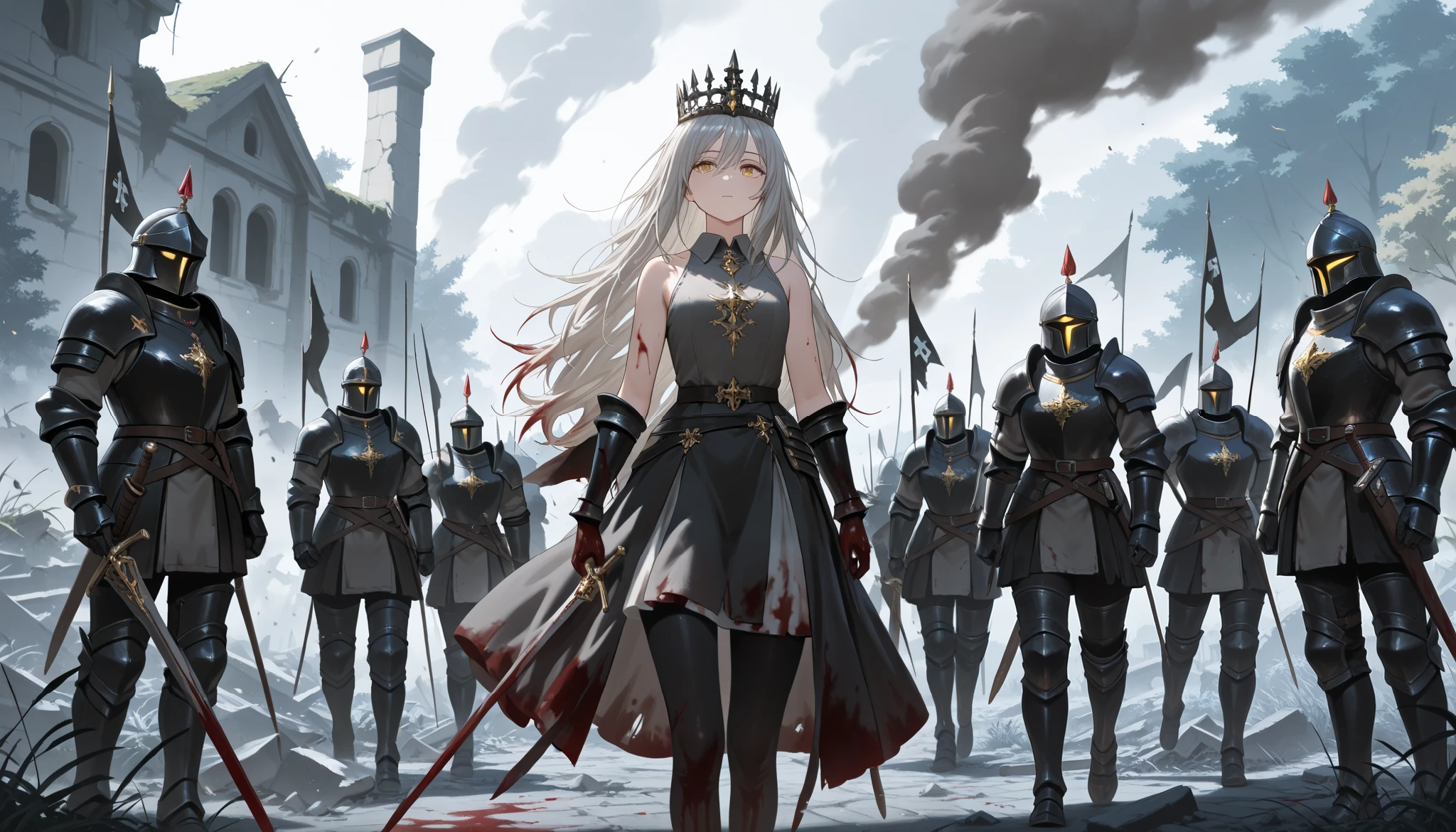 (masterpiece:1.2, Best Quality), (finely detailed beautiful eye: 1.2), (beautiful detailed face), close up, thin , messy hair, yellow eyes , long hair , gray hair, light skin , yellow eyes , gray shirt , black dress, collared dress, sleeveless, black crown, black leggings, thin legs, many gemstone rings, holding black flag, thin thighs , swordbelt , sword sheathe , sword pommel, exiting ruined house, marching alongside army in black armor, ruined fantasy village, blood stains, smoke, ruins, debris, trees, tall weeds, armored soldiers in background, standing next to taller guards in armor, dusk, puddles,