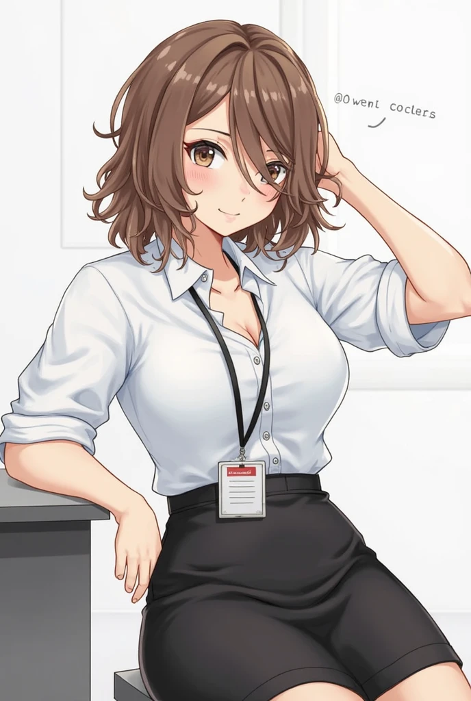 , ((High resolution)),masterpiece, high quality, 最high quality, beautiful, perfect lighting, detailed face, super cute face, ((1 girl)), ((alone), short brown hair, fluffy hair, embarrassed look, ((blush)), looking at the viewer, ((Forehead))、parted bangs、asymmetrical bangs、put your hand on your waist, standing in office, (office), daytime, dress shirt, pencil skirt, (tight clothes), (Chubby), (thigh height), (wide hips), ((thick thighs)), medium breasts, cleavage, perky chest, 24 year old female,blue crystal bracelet