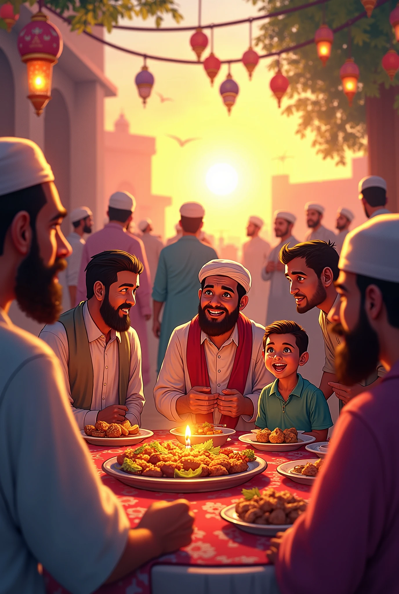 Nu'ayman bin Amr is cheerfully presenting food to Prophet Muhammad in a simple market in Madinah. Nu'ayman has a wide, excited smile, while Prophet Muhammad sits with a warm smile, ready to receive the food. Around them are other vendors and curious onlookers from the community. The scene radiates warmth and happiness, set against a lively market background set manga