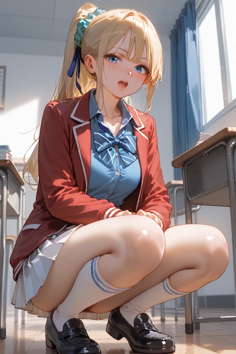 photorealisim、top-quality、超A high resolution、NSFW、Japanese high school girl、Girl in Uniform、Sitting on a chair in a classroom、M-shaped legs、She opened her legs wide、bent at the knees、Show panties、Staring sexily at the camera、((blondehair))、(pantie shot:1.3)、((Pink Satin Panties:1.4))、((Light blue shirt:1.5))、((Pleated skirt with dark blue tartan plaid pattern:1.5))、((Dark blue socks:1.5))、((Brown loafers:1.5))、Detailed cute and beautiful face、(pureerosface_v1:0.008)、Brown-eyed、eye liner、red blush、embarrassed from、glares、 shiny lips: 1.4, humiliated、impatience、Frightened、glares、Panty appeal、red blush、is crying、Crying、Open knees、open one's legs、Disheveled clothes、Dressing、Wearing sweat、sodden, Medium Long Hair,