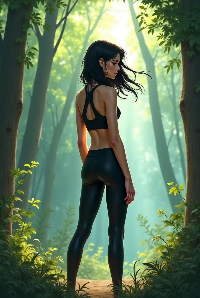 Back view of a big schoolgirl in latex leggings in the forest