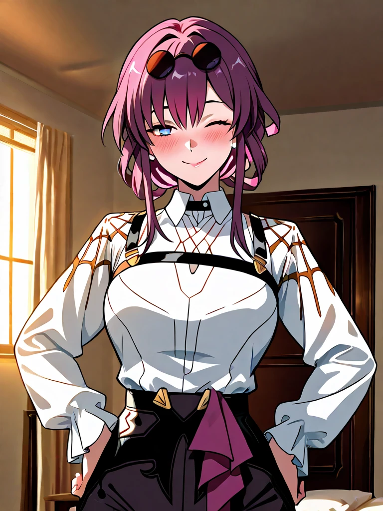 Kafka from Honkai Star Rail, (((solo))),(((virgin destroyer sweater, choker, ecchi))), ((shy smile)), dynamic angle, in house,