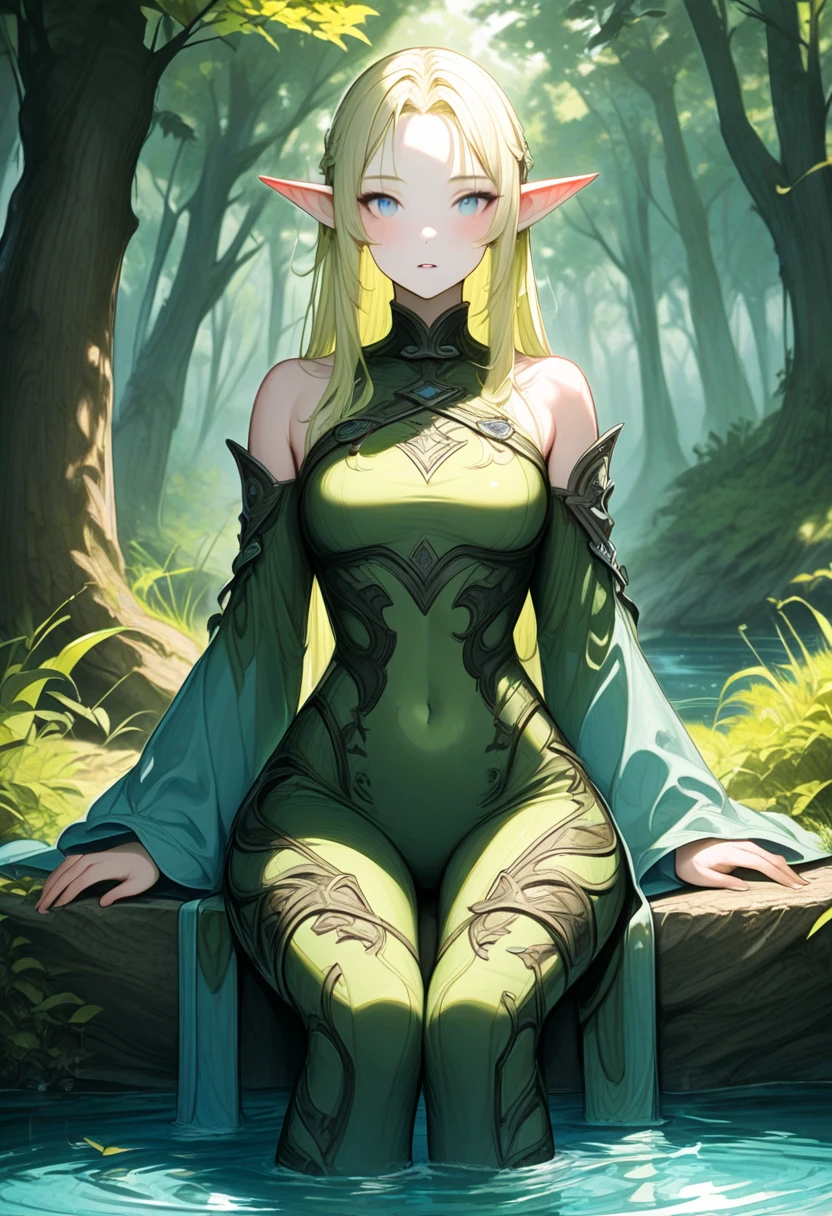 1 girl, dryad, black eyes, long hair, white hair, serious look, slim body, medium bust, good figure, dark skin, clothes made with plants, forest in the background.