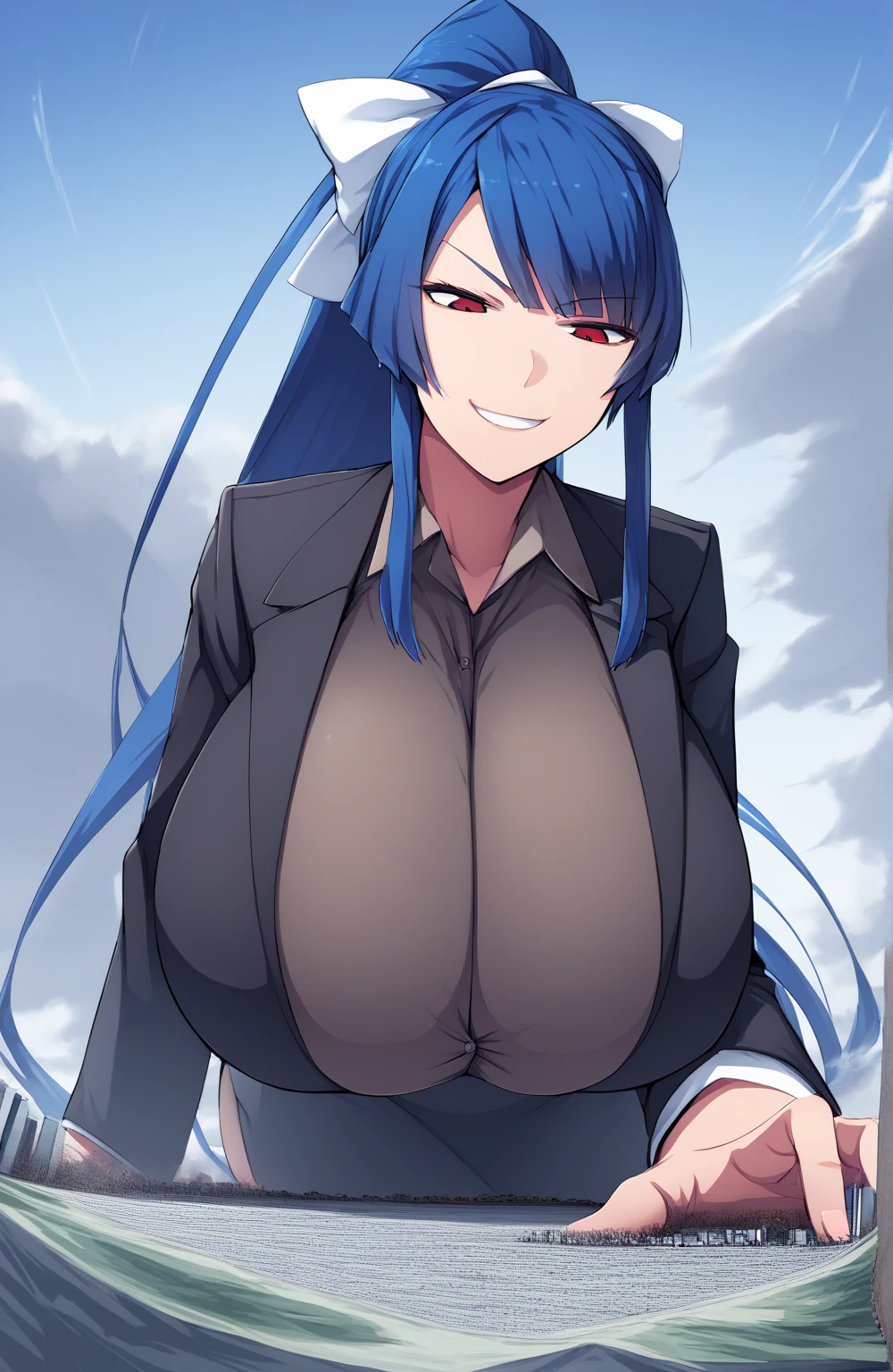 masterpiece, best quality, highres, kr1, multicolored hair, dyed bangs, long sleeves,tight black thighhighs, bow, pink dress, white vest, white skirt, standing, cowboy shot, outdoors, peace sign, smile, leaning forward, large breasts, smiling embarrassed ,big tits, show tits, visible tits:1.6, open shirt, open dress, open skirt,open clothes,show tits, nipples,(( show nipples:1.5)),((show tits:1.5))