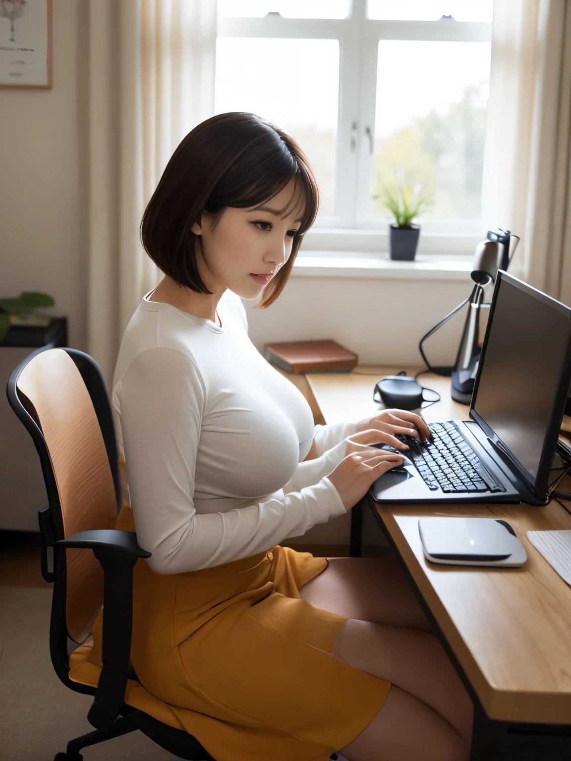 (( masterpiece, top quality)), Mature woman in her 40s with short hair、soft breast、office、Tight long sleeve t-shirt、(( sitting on a chair and working on a computer ))、(( room with bright morning sunlight ))、 long skirt with plenty of room 、dark background with shadows 、is sitting in a chair and working on a computer、 large space 、high ceiling、Big Soft Breasts、