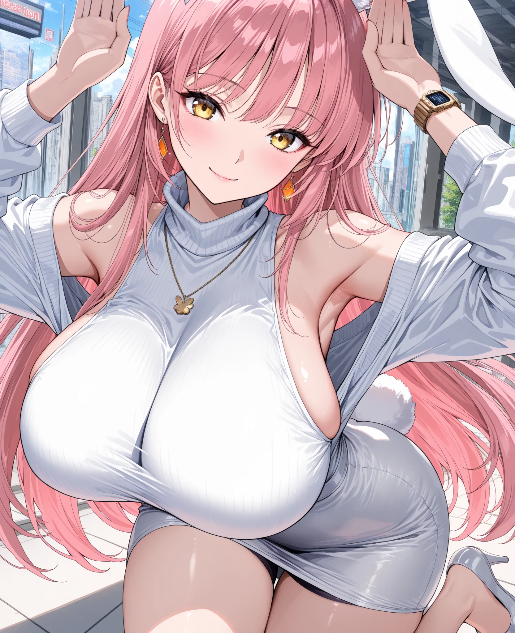 Close-up of a woman in a newspaper uniform posing for a photo., On the mannequin. High quality, sexy outfit, Realistic perfect body, Full body hyper reality, sexy girl, rift, Realistically beautiful upper body, Sakimi-chan, Trending at cgstation, Charming anime girl, Full body lifelike, 4 0 9 6, A tight, smooth white suit.,(large areolae:1.4,pink,The nipples are clearly visible...)