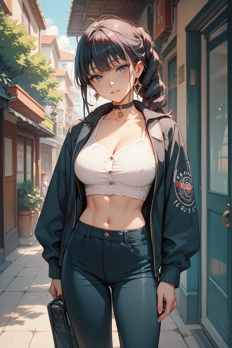 (absurdos, Altas, ultra detalhado), (1girl:2.0), cabelos loiros, levemente ondulado nas pontas, olhos verdes, olhos perfeitos e detalhado, rosto perfeito, usando uma blusa croppet branca streetwear, barriga de fora, barriga perfeita, seios grandes, Baggy light jeans, cinto preto, Standing character, pose confiante e sedutora, serious and seductive look, Full character view, 12k Resolution, riqueza em detalhes, hdr, obra prima