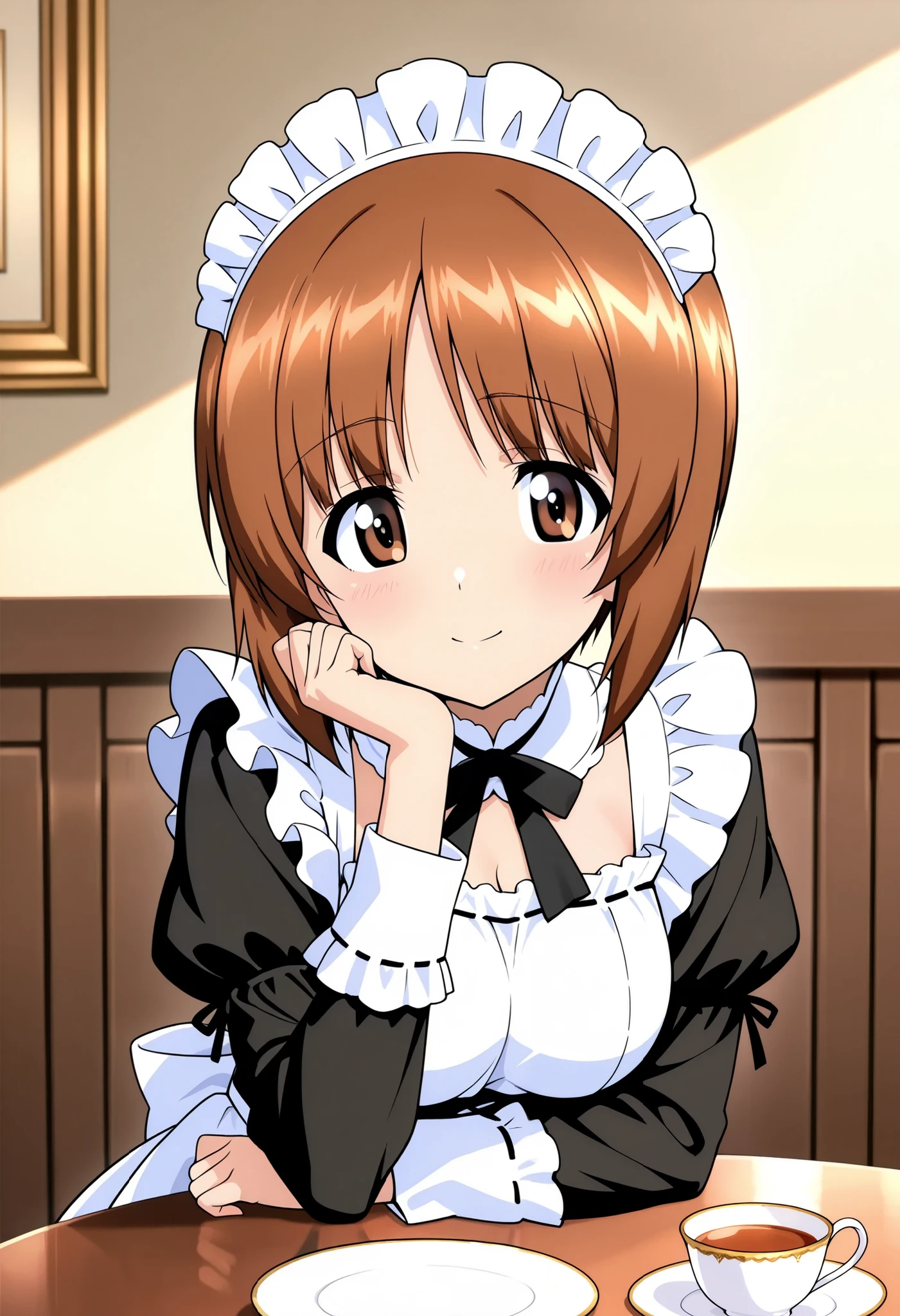 Best Quality, Good Quality, very beautiful,high resolution , high quality DVD、 one girl , alone、woman, Nishizumi Miho , beautiful brown eyes, Attractive brown eyes、 beautiful brown hair , bob cut、Victorian Maid Outfits、Tea time、Table