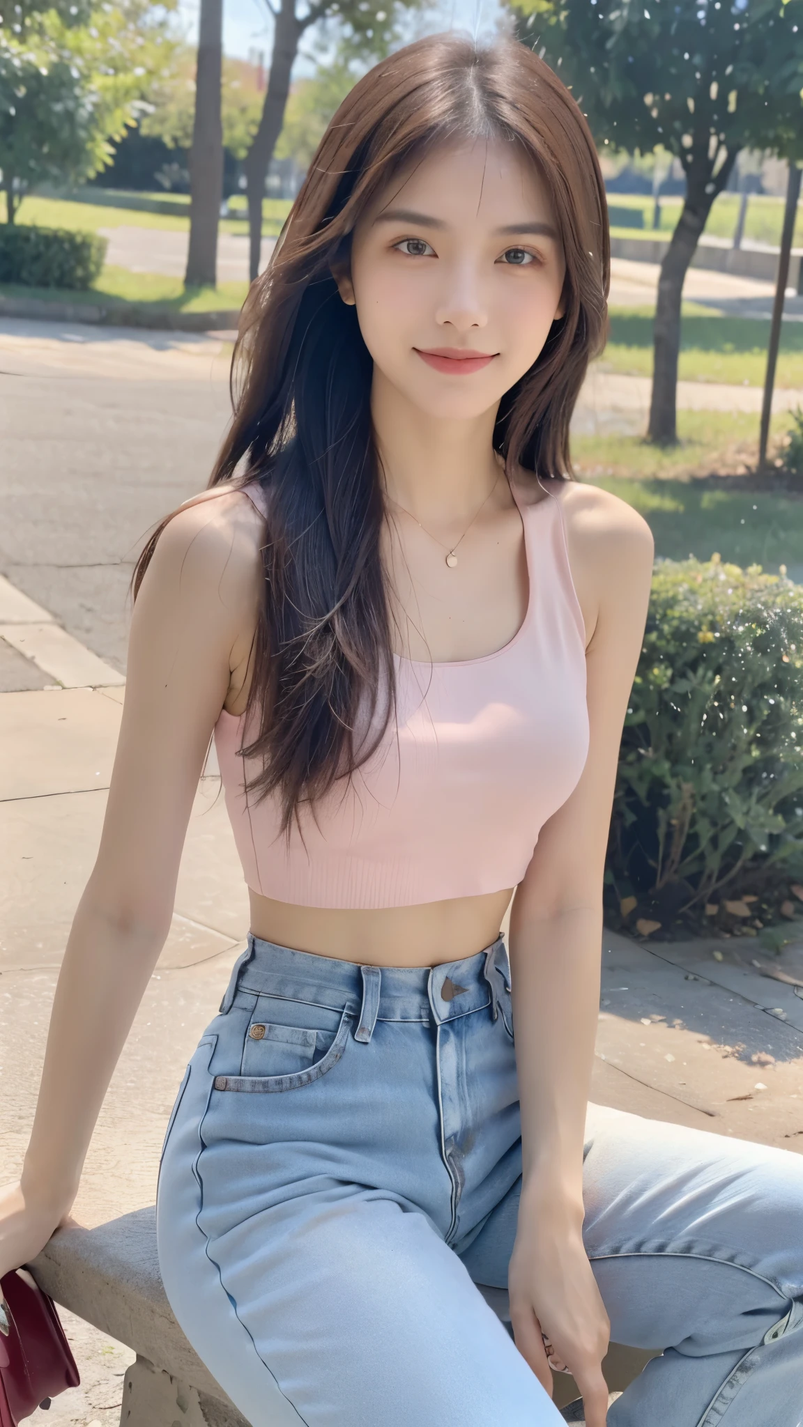 18-year-old, adorable, British girl, 15 years old, portrait ,Tank top((mini skirt))、Thighs Thighs Nose:1.1), , (high color saturation,catch light:1.0), (highly detailed skin), (highest quality:1.0), (ultra high resolution:1.0) ,(realistic:1.0), (Super detailed:1.0), (8K, RAW photo:1.1),( smile:0.8),looking at the viewer