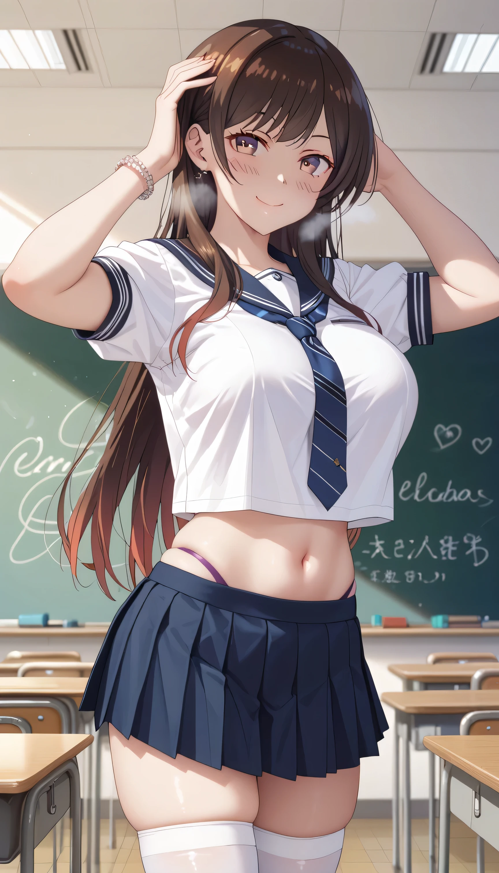 chizuru ichinose, side tie up, masterpiece, best quality, highres, chi1, 1girl, long hair, solo, bracelet, bangs, 1girl, solo, skirt, chalkboard, breasts, school_uniform, thighhighs, navel, crop_top, huge_breasts, smile, long_hair, looking_at_viewer, serafuku, blue_skirt, pleated_skirt, white_thighhighs, midriff, bangs, indoors, classroom, sailor_collar, thighs, crop_top_overhang, short_sleeves, skindentation, shirt, miniskirt, cowboy_shot, necktie, closed_mouth, zettai_ryouiki, white_shirt, stomach, sensual pose, from aside, standing, hand on back head, thong, , heavy breath, seductive smile, blush, m pose, underwear, navel,