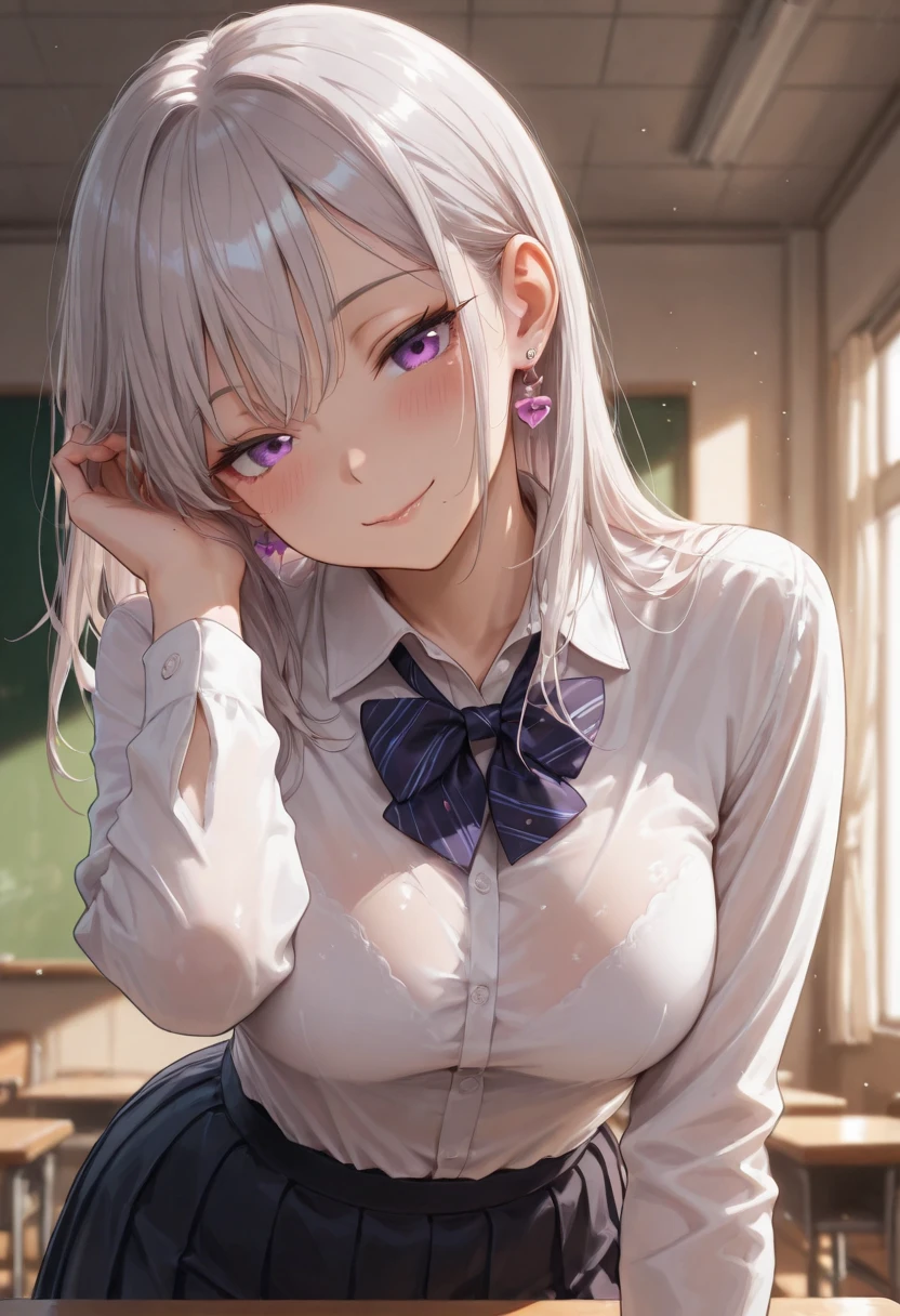 ((solo)), upper body, bent forward, hair tucking, head tilt, amazing masterpiece, top quality, high fashion, absurdres extremely, HDR, intricate details, vivid colors, very cute face, very cute silver hair, cute girl, solo, purple eyes, medium breasts, long sleeves, collared shirt, bow tie, pleats skirt, Pierced earrings, blush, curvy beauty, seductive smile, flawless smooth skin, classroom, indoors