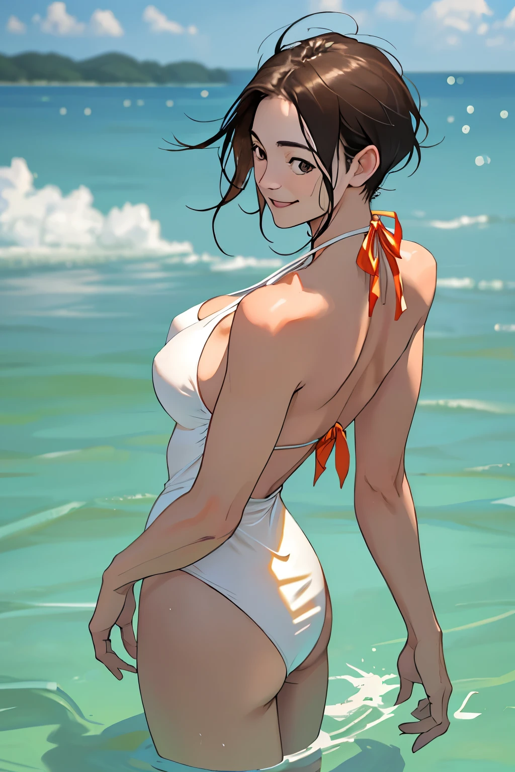 Realistic、Face reality、With a girl、Swimwear、Sexy smile、My breasts have gotten a little bigger、Sexy pose、From the front it looks like a one-piece, but from the back it looks like a mono bikini、