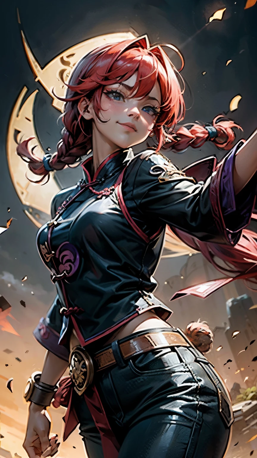 Alone:1.3), a girl\( dark Magician girls , the main character of the anime , beautiful,sexy, braided red hair, azul eyes, Chinese red clothing , smiling, Ranma saotome , braid, red hair, single braid, braided ponytail, red eyes, pants , Chinese clothing, tangzhuang, dynamic action of kung-fu , purple eye shadow ).bottom\( Panda de Ranma ,simple Chinese design \). BREAK .quality\(8K, extremely detailed CG unit , high resolution , top-quality, top-quality real texture skin, outfit, increase resolution , RAW photo box , best quality, , , proporción áurea , high saturation realism , vibrant colors, dramatic lighting , persuasive storytelling , atmospheric scenery , captivating images , intricate details , strong emotions , dream world\),(Dynamic Angle:1.4)