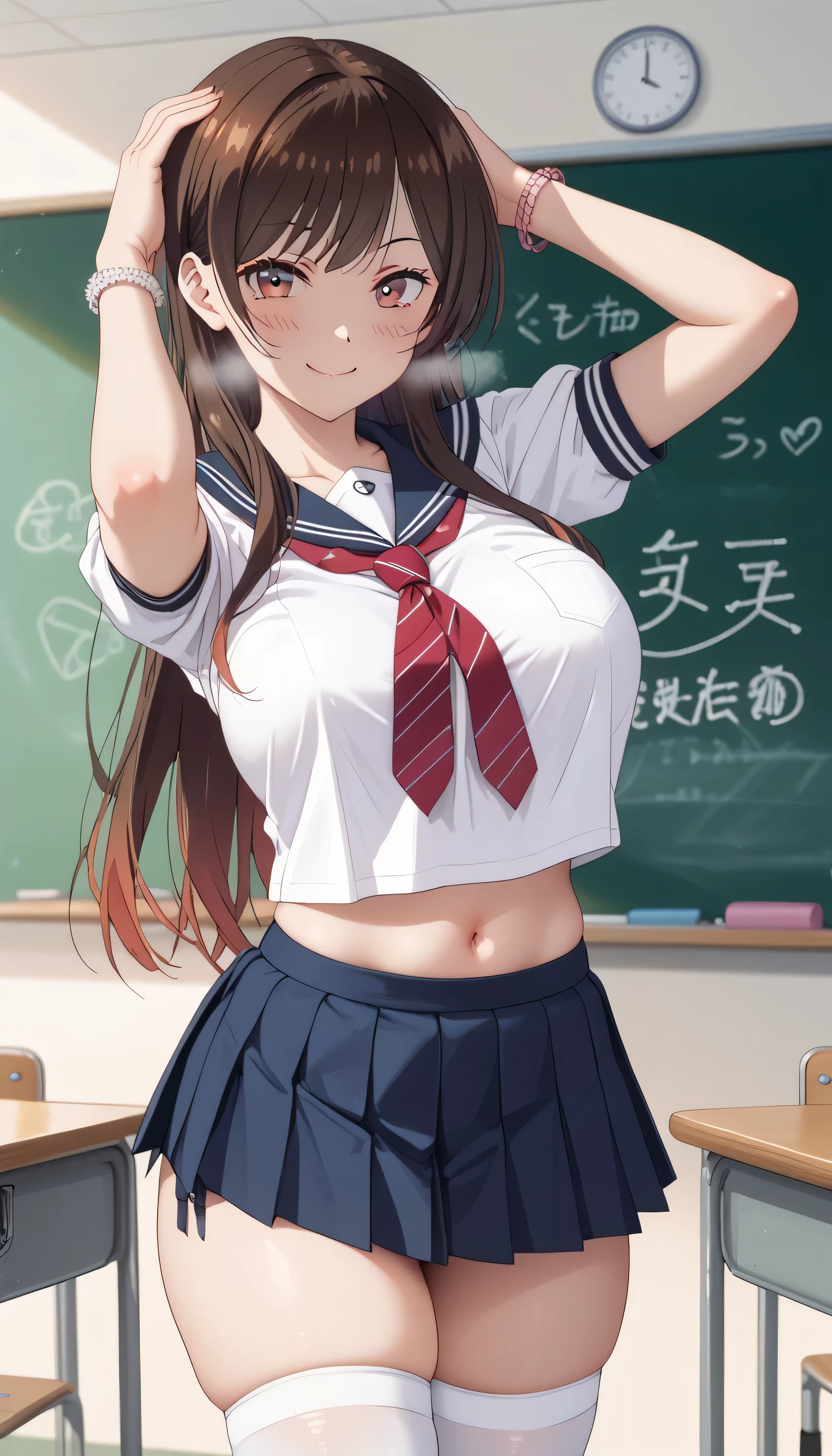 NSFW, chizuru ichinose, side tie up, masterpiece, best quality, highres, chi1, 1girl, long hair, solo, bracelet, bangs, 1girl, solo, skirt, chalkboard, breasts, school_uniform, thighhighs, navel, crop_top, huge_breasts, smile, long_hair, looking_at_viewer, serafuku, blue_skirt, pleated_skirt, white_thighhighs, midriff, bangs, indoors, classroom, sailor_collar, thighs, crop_top_overhang, short_sleeves, skindentation, shirt, miniskirt, cowboy_shot, necktie, closed_mouth, zettai_ryouiki, white_shirt, stomach, sensual pose, from aside, standing, hand on back head, thong, , heavy breath, seductive smile, blush, m pose, underwear, navel,