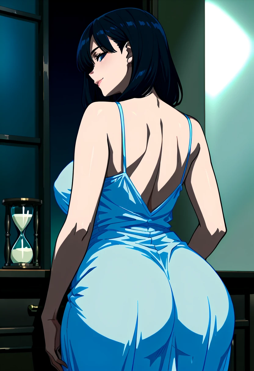 Sexy girl wearing a backless blue dress on the bed, intimate, lustful, sexy, hot