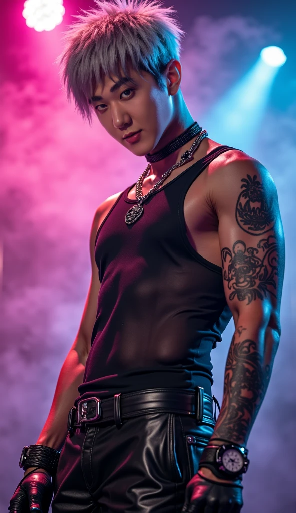 Handsome man, 18 years old, kei visual style, purple hair, tattoos, gothic clothing, male,