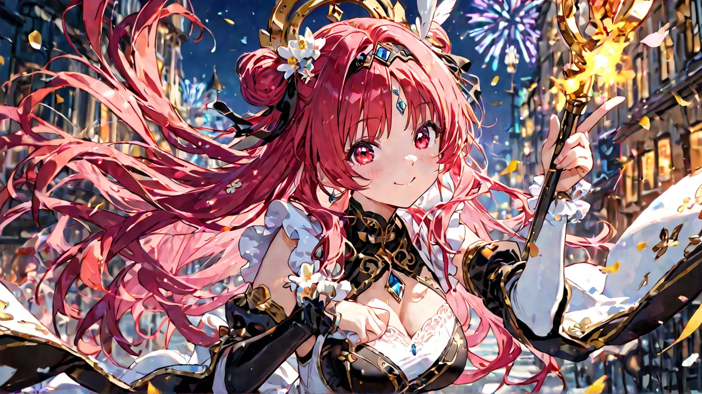 ((8k, highest quality, masterpiece: 1.3)), ultra high resolution, (1 girl, alone), (color changing eyes, super detailed, expressive sparkle, glittering, glowing eyes), highly detailed eyes, highly detailed face, medium long hair, big red ribbons on both sides of the hair, ((hair color, brown)), lovely smile with upturned corners of mouth, black cheongsam, open chest revealing cleavage, front angle, composition with upper body fitting into illustration,