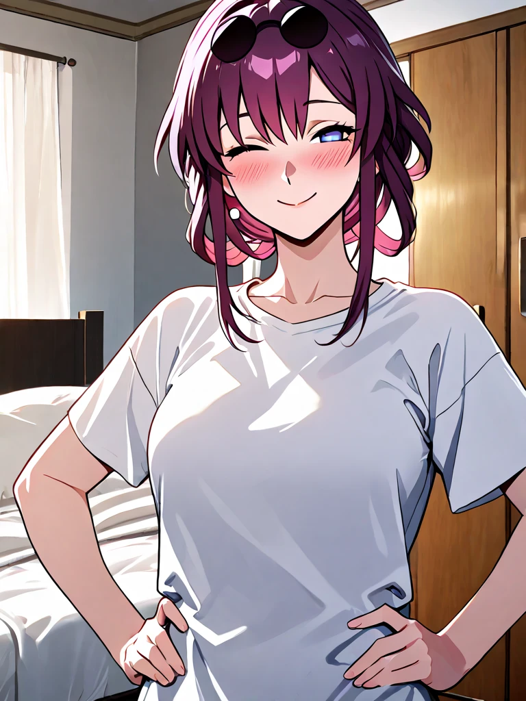 masterpiece, best quality, highres, nishikino maki,purple eyes,red hair, cowboy shot, love live, shirt, shirt tug  