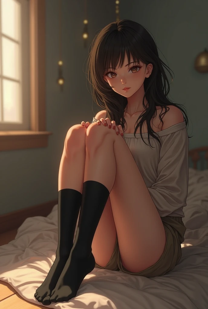 a masterpiece of、Top image quality、1人の女性、Beautiful woman sitting on the stairs、legs slightly open、Detailed facial expressions、detailed eye、Detailed nose、detailed lips、hugetits、Female proportions considered everywhere、Skyscraper District、Sunset between buildings