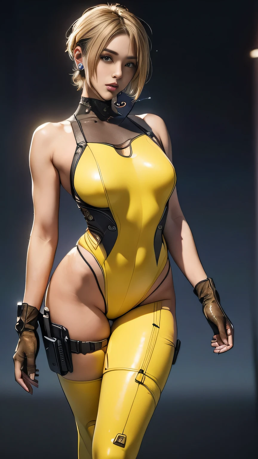 (A woman),(((A female special forces member stands))),((Yellow tactical High leg bodysuit:1.5)),((earphone:1.5)),((Tactical Holster:1.5)),(Gloves:1.5),(Serious:1.5),(Super short hair:1.5),(bionde:1.5),(beautiful eyes:1.3),(Very detailedな顔:1.5),((Very detailed drawing of a female hand:1.5)),((muscular:1.5)),(Sexy appearance:1.5),((Thick thighs:1.5)),(Beautiful Body:1.5),((Very sensual:1.5)),(The backdrop is a futuristic city:1.5),(Cyberpunk atmosphere:1.5),(((Blurred Background:1.5))),(Written border depth:1.5),rest(((masterpiece:1.5),(best quality:1.5),(Very detailed:1.5),(high resolution:1.5),(Practical:1.5),(Practical:1.5),(Delicate depiction),(Carefully drawn))),8k,wallpaper