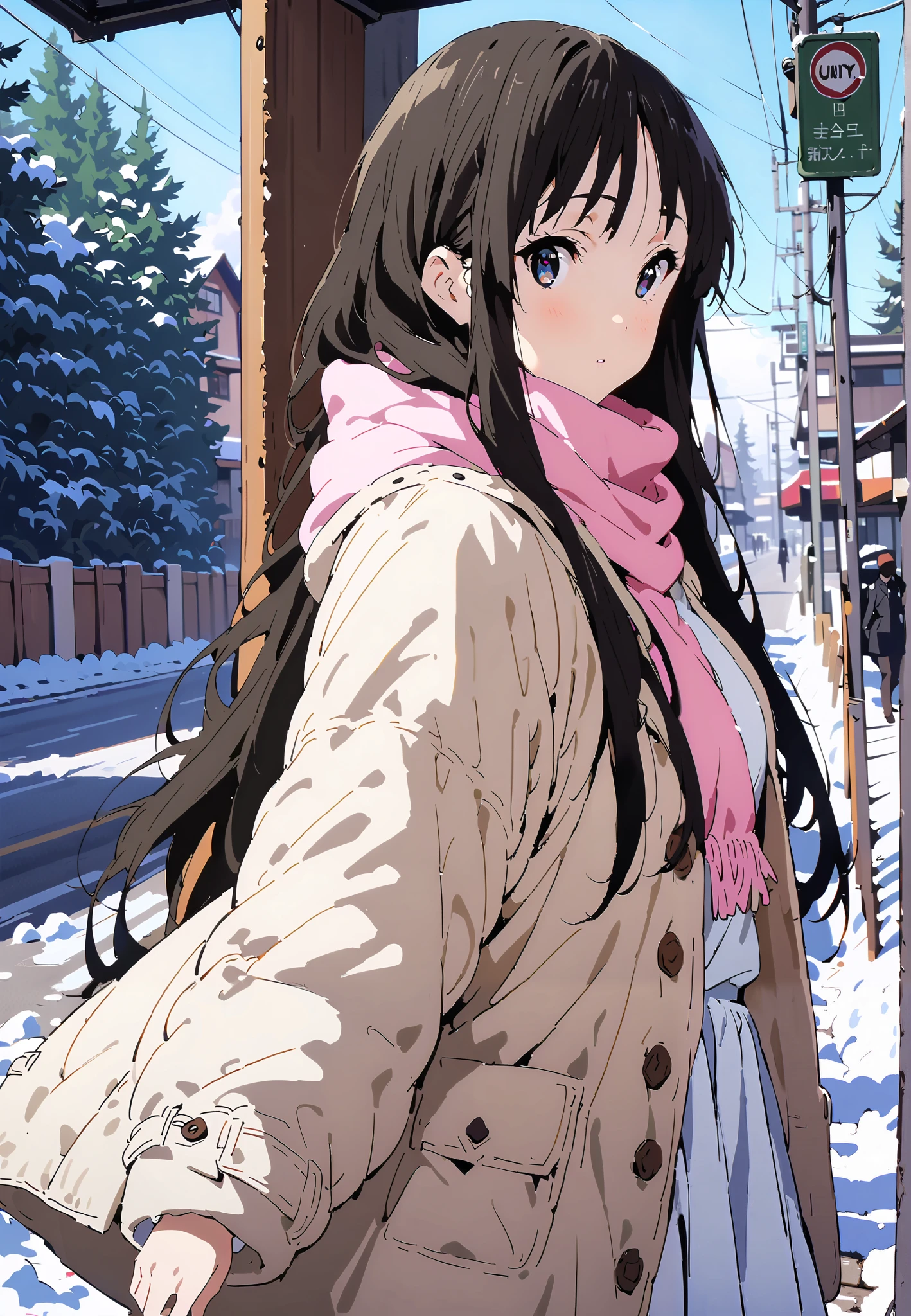 mioakiyama, Alone,Mio Akiyama, long hair, bungs, black hair, dark eyes, Princess Cut,long skirt hair
blushing,white breath,duffle coat,(sweater :1.2),( turtleneck:1.2),Pink scarf, white long skirt,boots,clothed,winter,snow,Beautiful Scenery,full bodyがイラストに入るように,break outdoors,bus stop,
break looking at viewer,full body,
break (masterpiece:1.2),top quality , kampala,Unity 8k Wallpaper,(shape:0.8),( fine, beautiful eyes :1.6),It's a person ,full body写真,CG Details , (perfect hands,complete anatomy),