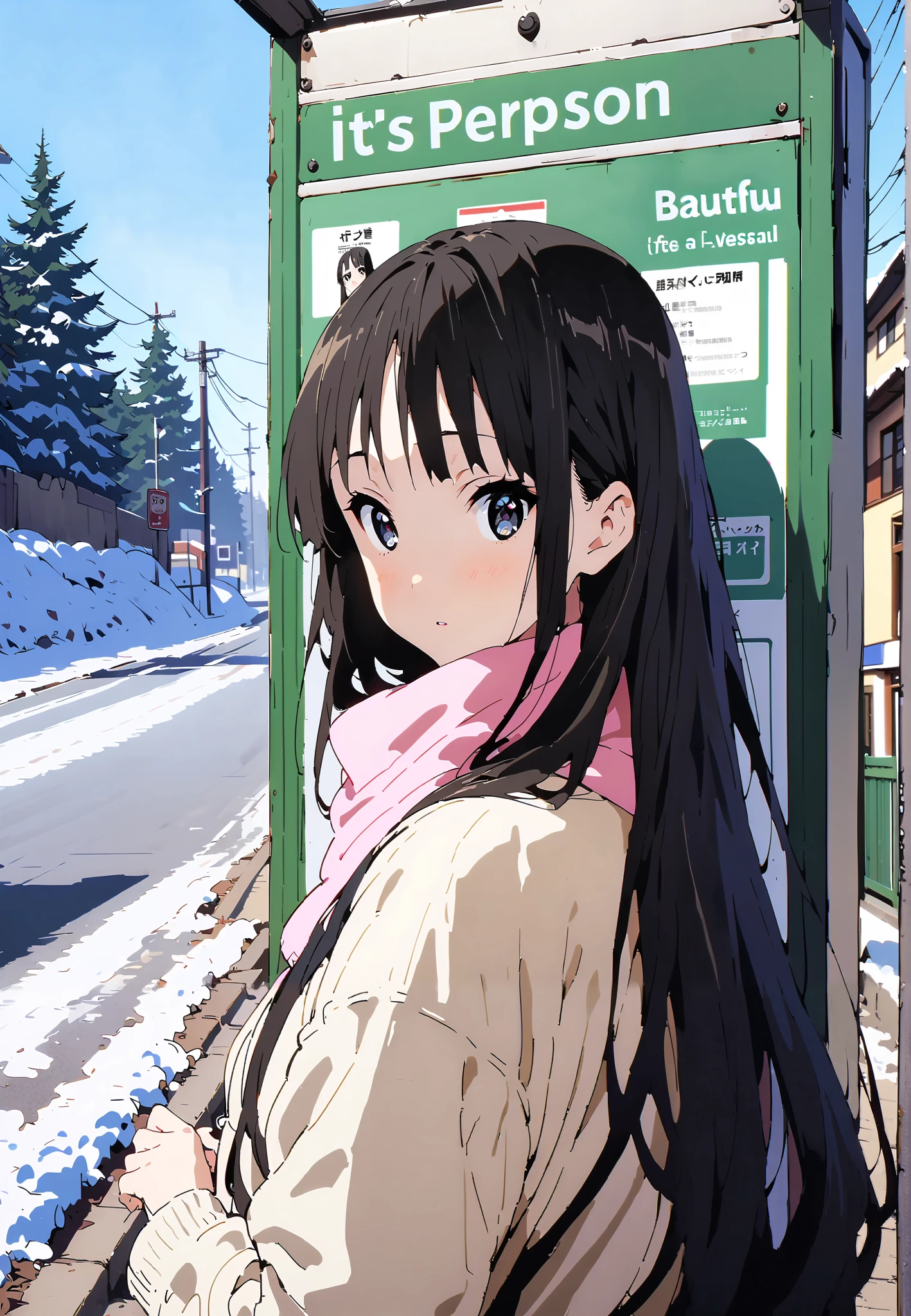 mioakiyama, Alone,Mio Akiyama, long hair, bungs, black hair, dark eyes, Princess Cut,long skirt hair
blushing,white breath,duffle coat,(sweater :1.2),( turtleneck:1.2),Pink scarf, white long skirt,boots,clothed,winter,snow,Beautiful Scenery,full bodyがイラストに入るように,break outdoors,bus stop,
break looking at viewer,full body,
break (masterpiece:1.2),top quality , kampala,Unity 8k Wallpaper,(shape:0.8),( fine, beautiful eyes :1.6),It's a person ,full body写真,CG Details , (perfect hands,complete anatomy),